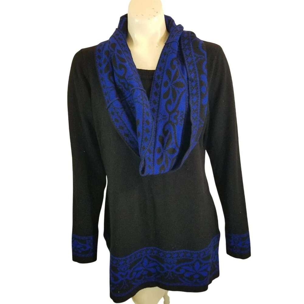 Studio Works Tunic Sweater L Black Blue Damask Scarf Set Long Sleeve - Picture 1 of 11